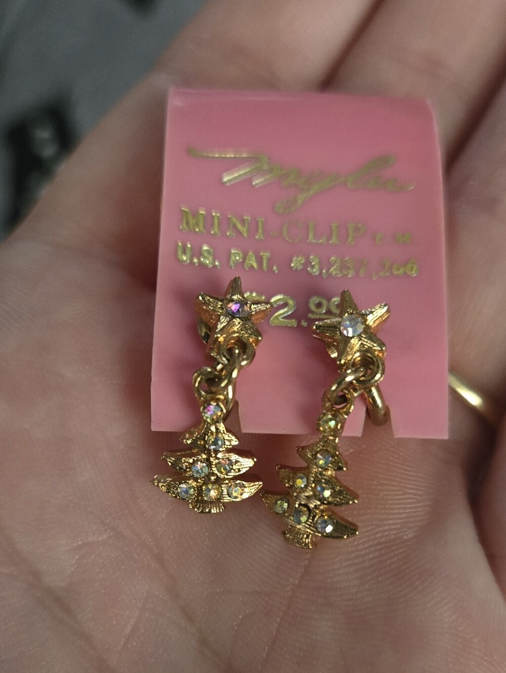 Vintage Mylu Gold Tone Crystal Tree Mini Clip Earrings